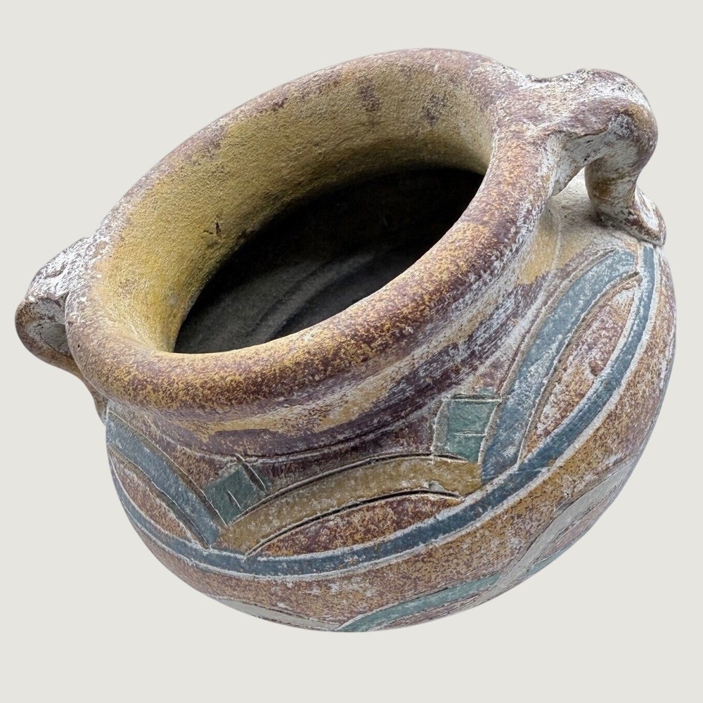 Rustic Terracotta Vessel 2 Handle Clay Pot Urn Vase Bohemian Geometric Planter
